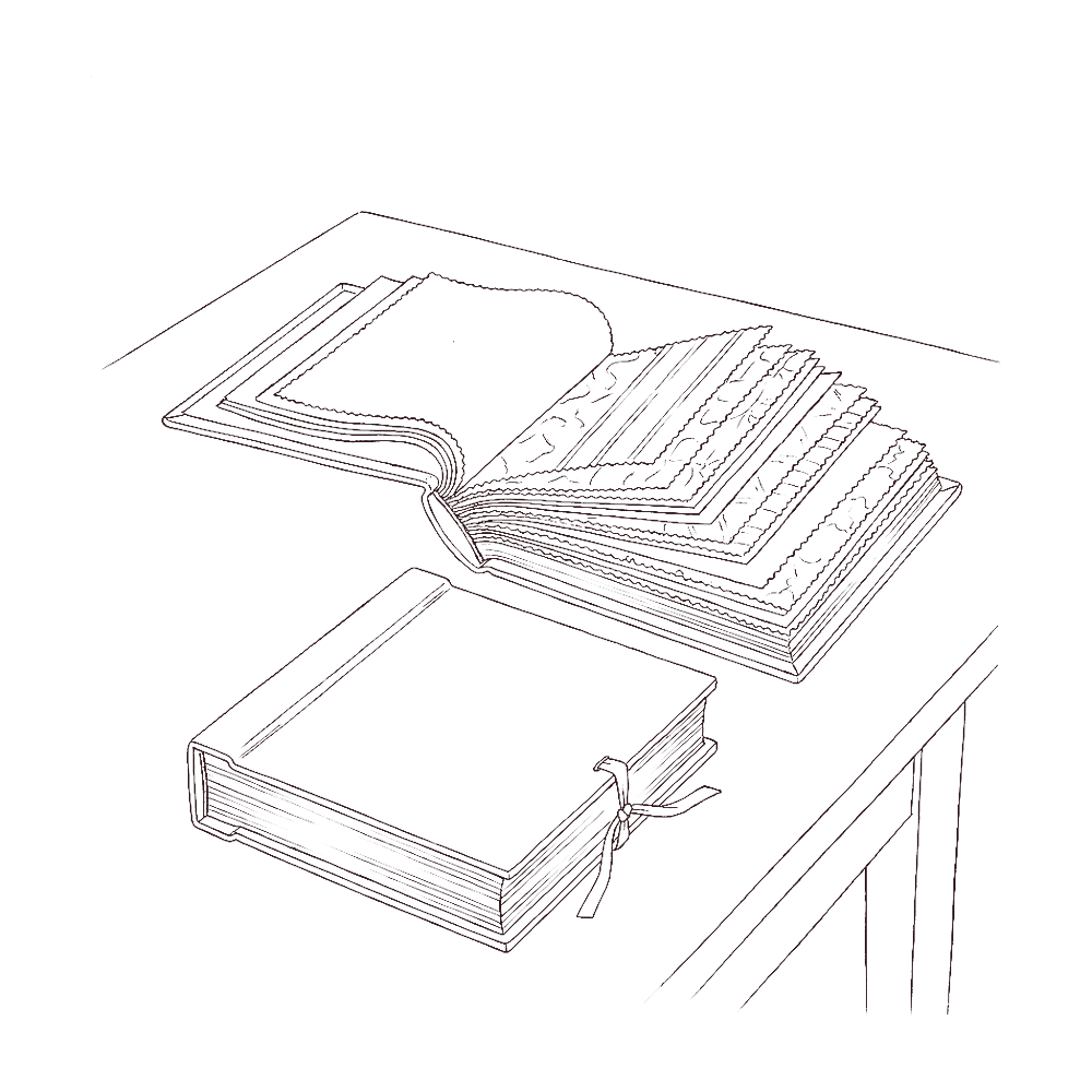 Drawing of tailor's cloth books opened out on a table